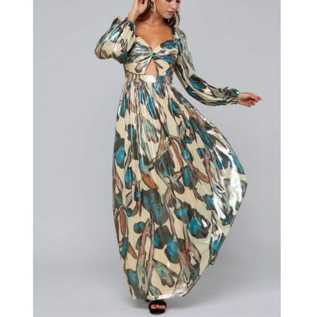 Bebe Print Lam Twist Front Maxi Gown - Size 4 Nwt